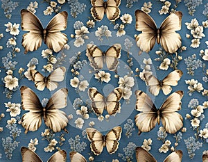 Vintage floral wallpaper vertical pattern and butterflies