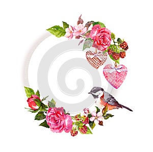 Vintage floral wreath for wedding card, Valentine design. Flowers, roses, berries, vintage hearts and bird. Watercolor