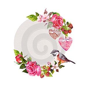 Vintage floral wreath for wedding card, Valentine design. Flowers, roses, berries, vintage hearts and bird. Watercolor