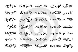 Vintage flourishes, swirls, curls, scrolls set. Calligraphic doodle design elements. Hand drawn