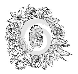 Vintage flower alphabet. Hand drawn vector illustration Isolated on white background.