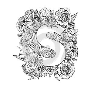 Vintage flower alphabet. Hand drawn vector illustration Isolated on white background.