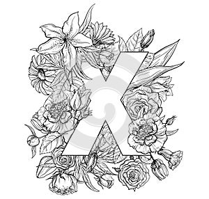 Vintage flower alphabet. Hand drawn vector illustration Isolated on white background.