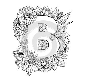 Vintage flower alphabet. Hand drawn vector illustration Isolated on white background.