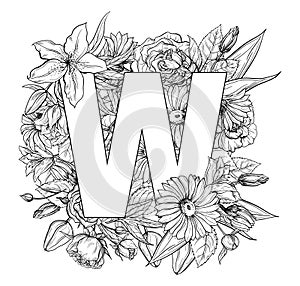 Vintage flower alphabet. Hand drawn vector illustration Isolated on white background.