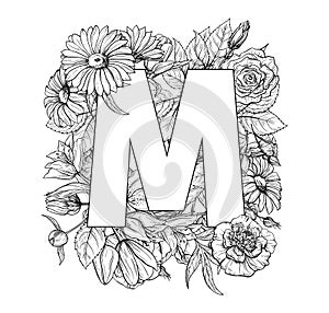 Vintage flower alphabet. Hand drawn vector illustration Isolated on white background.