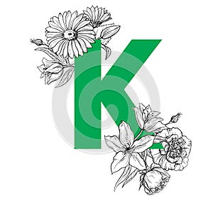 Vintage flower alphabet. Hand drawn vector illustration Isolated on white background.