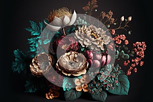 Vintage flower bouquet with roses and peony on dark background. Luxury floral wallpaper in retro style. Botany fine art design