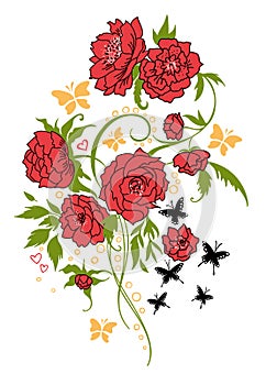 Vintage flower bouquet tattoo style. Vector drawing. Peony, rose, leaves and butterfly sketch.