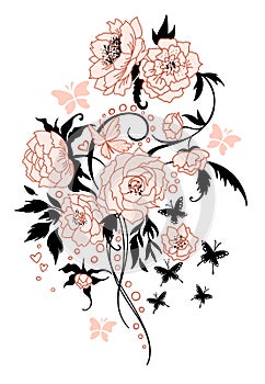 Vintage flower bouquet tattoo style. Vector drawing. Peony, rose, leaves and butterfly sketch.