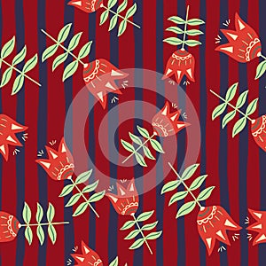 Vintage flower folk art seamless pattern on stripe background. Folklore style