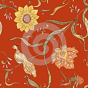 Vintage flowers and birds seamless pattern, background.