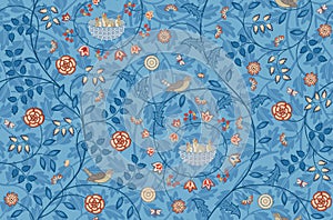 Vintage flowers and birds seamless pattern on blue background. Vector illustration.