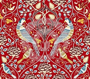 Vintage flowers and birds seamless pattern on red background. Vector illustration.