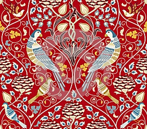 Vintage flowers and birds seamless pattern on red background. Vector illustration. photo