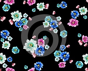 Vintage flowers bouquet seamless pattern in watercolor style. Beautiful floral Illustration on black background ready for textile