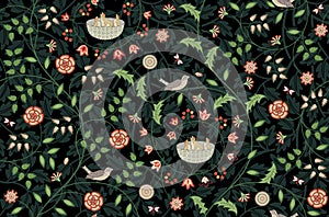 Vintage flowers, foliage and birds seamless pattern on dark green background. Vector illustration.