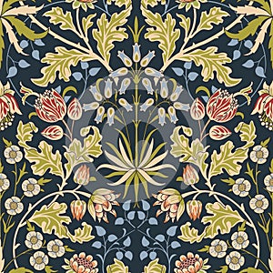 Vintage flowers and foliage seamless ornament on dark background. Vector illustration. photo