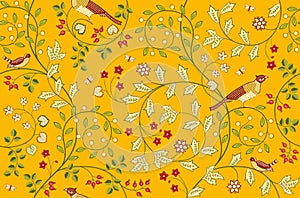 Vintage seamless fabric pattern with flowers and birds on orange background. Middle ages William Morris style. Vector photo