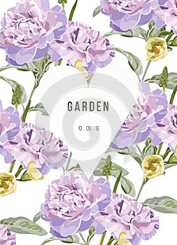Vintage flowers in garden with heart and floral background