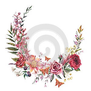 Vintage flowers greeting card.  Floral wreath illustration, botanical flora and butterfly