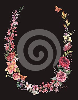 Vintage flowers greeting card.  Watercolor floral wreath illustration, botanical flora