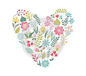 Vintage flowers in shape of a heart on white background