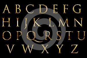 Vintage font yellow gold metallic alphabet letters word text series symbol sign on black background, concept of golden luxury alph