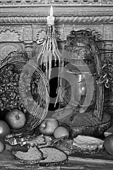 Vintage Food photography. Bread, meat, apples.