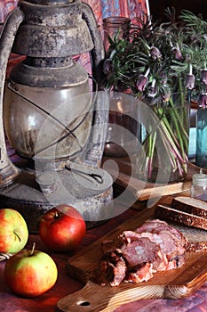 Vintage Food photography. Bread, meat, apples.