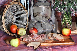 Vintage Food photography. Bread, meat, apples.