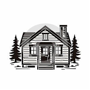 Vintage Forest Cabin Vector Icon - Bold Black And White Art