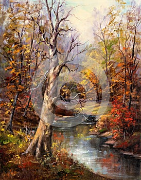 Vintage Forest with Creek Autumn Landscape Oil Painting