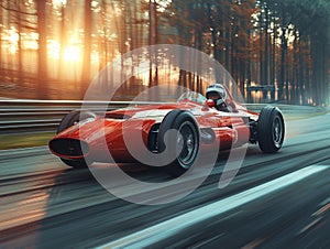 Vintage Formula One racing car fast riding on road surrounded by forest trees on sunset