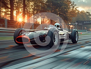 Vintage Formula One racing car fast riding on road surrounded by forest trees on sunset