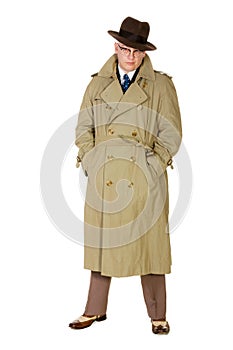 Vintage forties man in trenchcoat & trilby, isolated on white