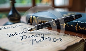 Vintage fountain pen on aged paper inscribed with elegant cursive handwriting celebrating World Poetry Day, symbolizing