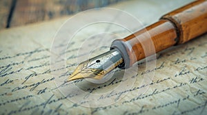 Vintage Fountain Pen Writing on Old Paper in an Office Setting with Macro Close-Up of Nib and Gold Details AI Generated