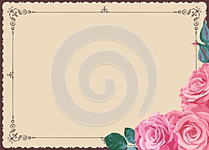 Vintage frame with beautiful roses on an old paper