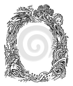 Vintage frame with flowers and mythical creatures. Antique Victorian design. fantastic gothic style. hand drawn