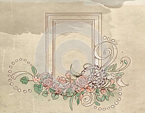 Vintage frame with flowers on old paper background. Vector illustration.
