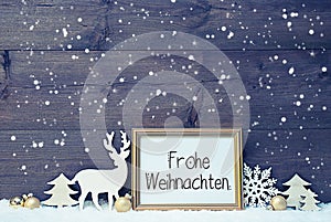Vintage Frame, Golden Ball, Snow, Deer, Frohe Weihnachten Means Merry Christmas