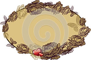 Vintage frame with roses and hearts, vector illustration.