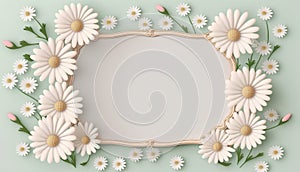 Vintage frame with white daisies and flowers on green background