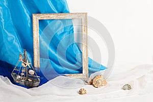 Vintage frame whith sells on white and blue background