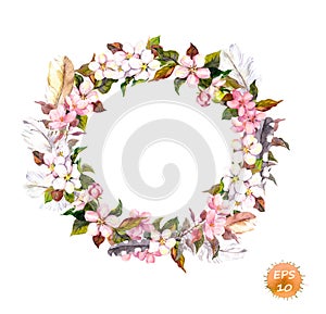 Vintage frame - wreath in boho style. Feathers and flowers cherry, apple flower blossom.