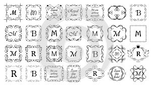 Vintage frames, vignette, title and headers set for book, labels, boutique, sign-board, wedding invitations. Black and white retro