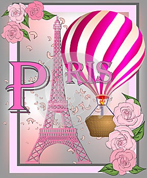 Vintage France poster design. romantic background with Eiffel tower and roses