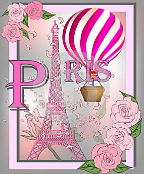 Vintage France poster design. romantic background with Eiffel tower and roses. Inscription Paris.