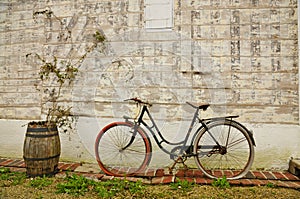 Vintage French Bicycle and Wine Barrel